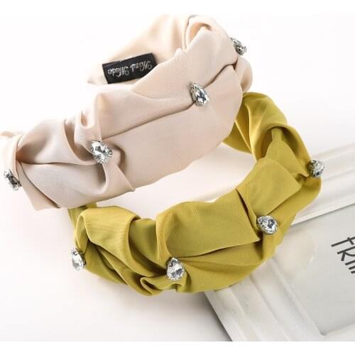 Haimeikang Wide Pleated Headbands Fabric Rhinestone Hair Band Headwear For Girls Fashion Solid Color Women Hair Accessories