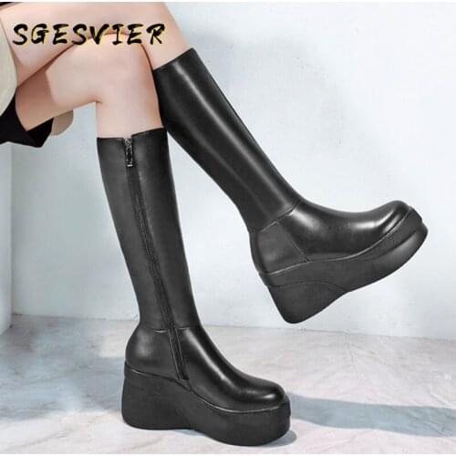Sgesvier 2021 NEW Genuine leather boots fashion wedges platform winter ladies shoes solid black knee high boots women