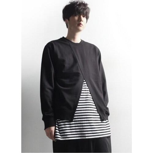 Spring and autumn European big edition fake two loose cotton stitching mens mid long Pullover