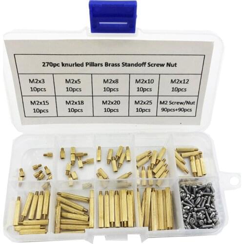 M2X3/5/8/10/12/15/18/20/25 Male-Female 270pc knurled Pillars Brass Standoff Screw Nut Assortment combination with Plastic Box
