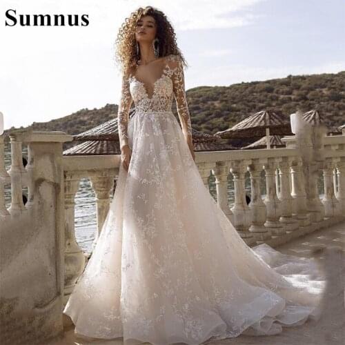 Sunmus Boho Wedding Dresses V-Neck Appliques Lace Long Sleeves Princess Wedding Gowns Bride Dress 2021 suknia slubna