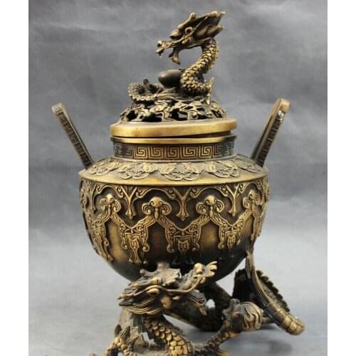 USPS to USA S1363 10" Chinese Bronze Buddhism Fly Dragon Head Statue Tibet Incense Burner Censer
