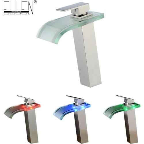 Vidric Tall Faucet Brush Nickel Basin Bathroom Waterfall LED Faucets Glass Waterfall Brass Bathroom Mixer Tap Deck Mounted ELS40