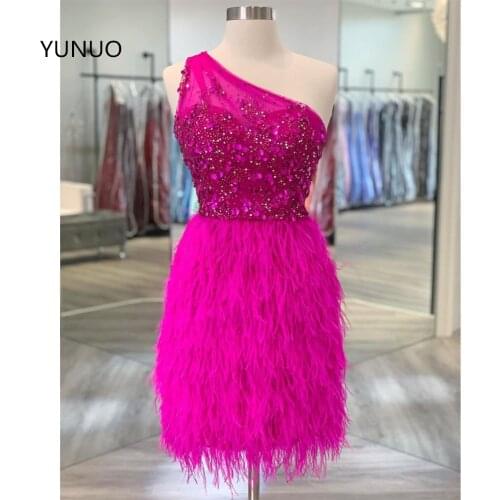 YUNUO vestidos de cóctel Tulle Sleeveless Cocktail Homecoming Dresses Beading One Shoulder Sexy Party Gowns sukienki koktajlowe