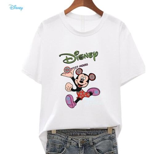 Disney Happy Mickey Mouse Womens T-shirt 2021 Summer Loose Short Sleeve T-shirts Ladies Anime Cute Kawaii Tee Shirt Femme Tops