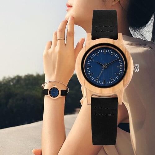 Womens Wood Watches Handmade Blue Dial Ladies Wooden Watch Bracelet Black Leather Lightweight Girls Clock Reloj Mujer 2020