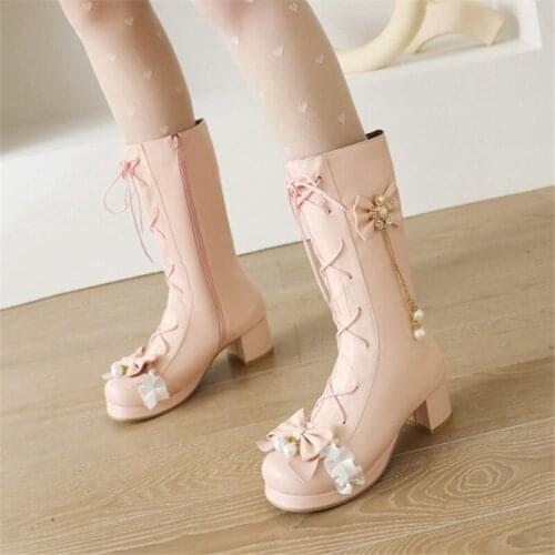 PXELENA LO JK Korean Lolita Mid Calf Boots Princess Women Flower Pearls Block Heels Girls Uniform Cosplay Shoes Large Size 34-48