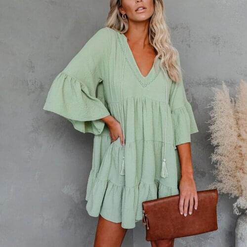 2021 Sexy Deep V Neck Self Tie Patchwork Long Sleeve Boho Midi Dress Green Ruffle Tassel Loose Summer Beach Tunic Dress