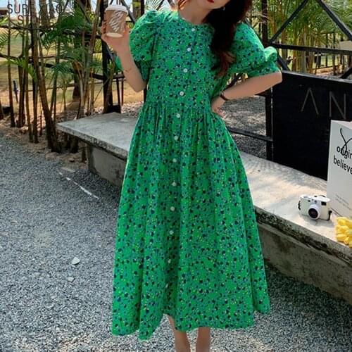 Korea Women Summer Floral Dress Plus Size Green Print Chiffon Puff Sleeve Shirt Dress Vintage Loose Maxi Dress Vestidos 15686