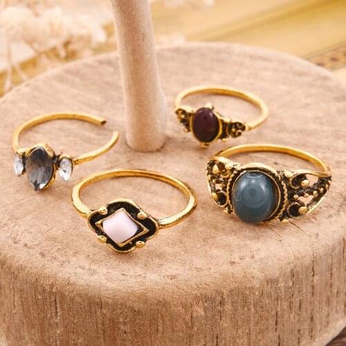 4PCS/Set Vintage Retro Rings Set Bohemian Crystal Dark Green Rings Natural Stone Lucky Midi Boho Rings Set Knuckle Women