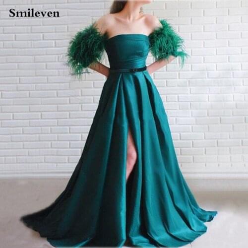 Smileven Fashion Feather Prom Dresses Dark Green High Side Split Evening Dress Custom Made Long Sleeve Formal Party Gowns