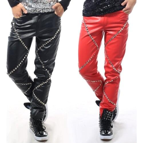 Jazz Dance Costumes Bar Male Singer Dj Host Ds Stage Wear Rivet Leather Pants Men Pole Dancing Clothing Personality Pant DT818