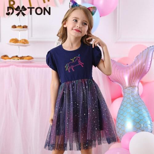 DXTON Summer Unicorn Girls Dress Applique Children Baby Dress For Party Tulle Princess Girls Vestidos School Cartoon Kids Dress