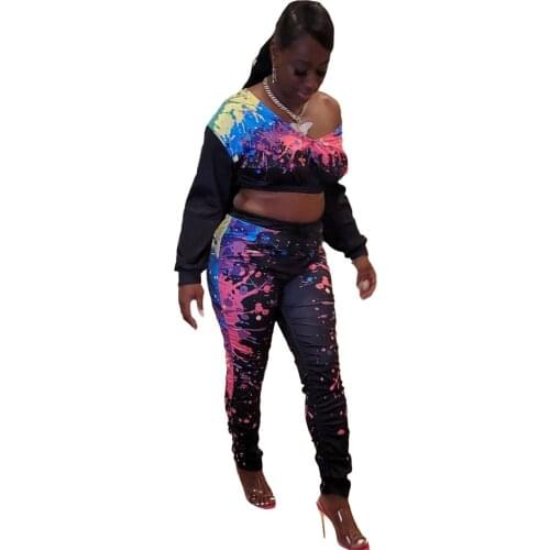 Sexy Crop Top And Stacked Sweatpants 2 Pieces Set Woman Tracksuit Fashion Printed Birthday Outfits For Women Club Outfits 2020