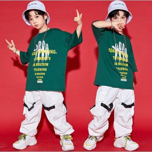 Boys Street Dance Hip Hop Clothing Short Sleeves Tops White Cargo Pants Loose Performance Suit Girls Jazz Dance Costume BL6787