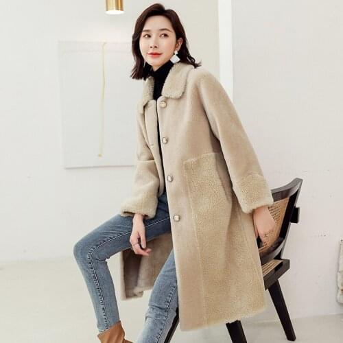 Turn down collar womens winter long style outerwear suede jacket 2019 new winter 100% wool fur coat