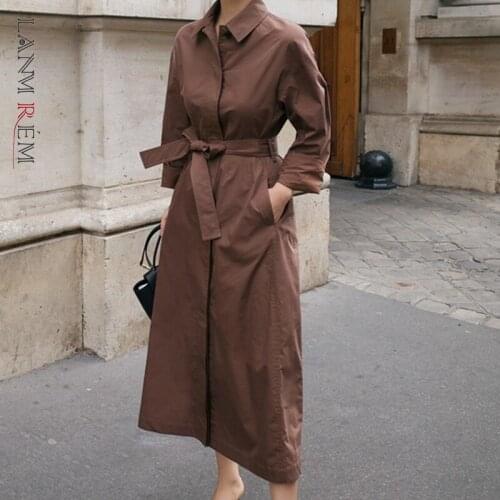 LANMREM 2021 Autumn New Brown Trench Women Lapel Long Sleeve Single Breasted Lace Up Waist Windbreaker Female Fashion 2W663