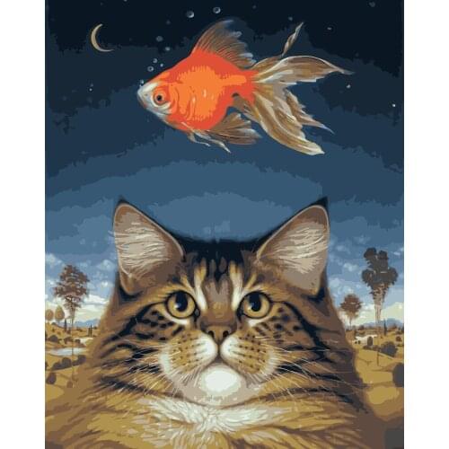 MaHuaf-i128 cute cat fish moonlight DIY Coloring by Numbers Digital Oil Painting Hand-painted Painting for Children Room Decor