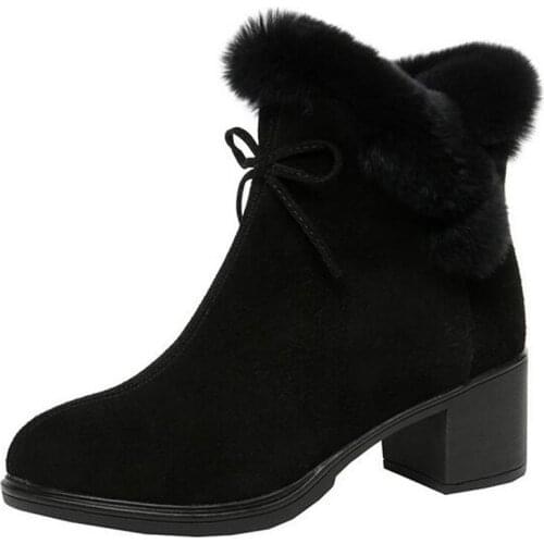 ZXRYXGS Rabbit Fur Matte Leather Fashion Boots Warm Shoes Woman Snow Boots Thick Heel Large Size Winter Women Boots Trendy Shoes