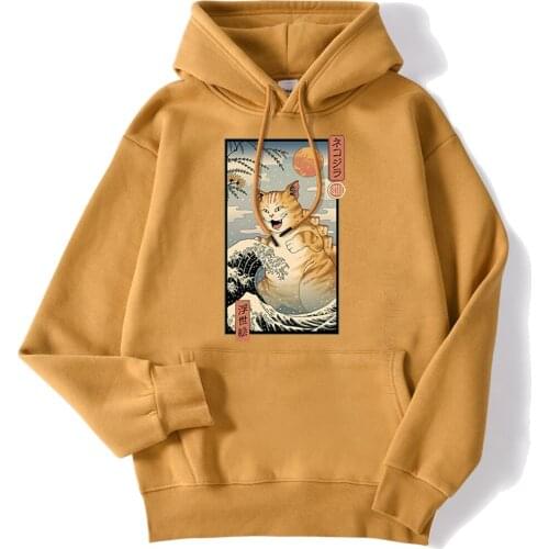 Ukiyo E Cat Cute Cartoon Print Mens Hoodies Personality New Hoody Harajuku Street Streetwear Pullover Pocket Men Clothes