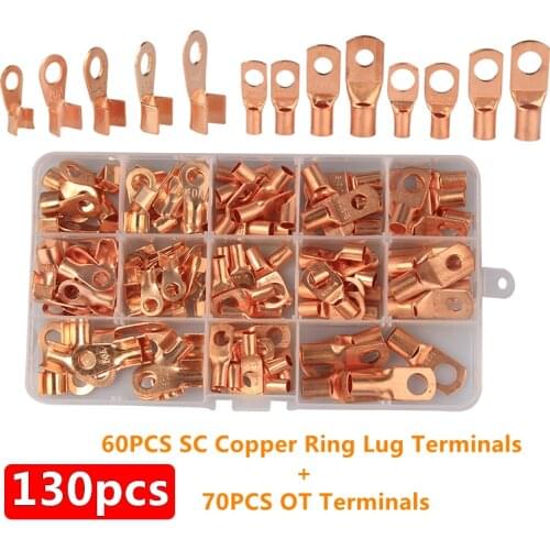130PCS Assortment SC Copper Ring Open Lug Terminals OT Wire Naked Battery Electrical Wire Cable Connectors Kit Car Accessories