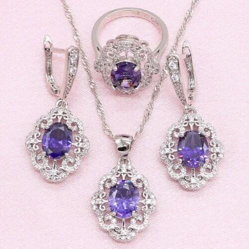 3 Colors 925 Stamp Silver Jewelry Sets for Women Wedding Party Purple Zircon Necklace Pendant Ring Earrings Gift Box