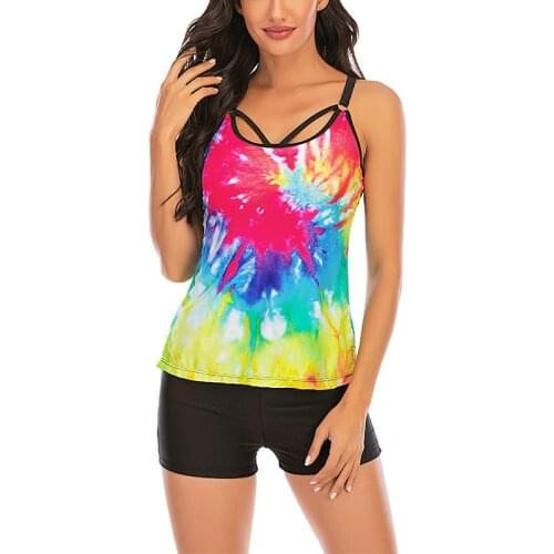 Newest Women Big Tankini Set Rainbow Dyeing Printed Two Piece Swimwear Large Swimming Suit Female Beachwear Bikini Plus Size 6XL