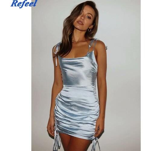 Solid sling sexy pink dress romantic women backless sleeveless side green satin fabric drawstring summer mini dress