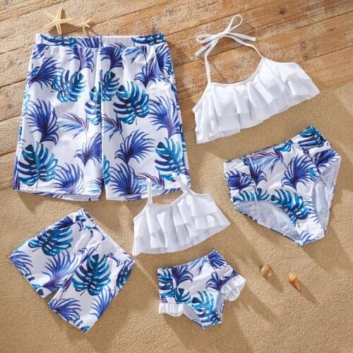 PatPat Family Look Solid Ruffle Top and Plant Print Shorts Matching Swimsuits