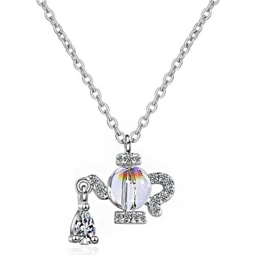 Zirconia Crystal Teapot Shaped Pendant Necklace Silver Color Chain Choker Female Necklaces Fashion Party Jewelry Gift for Women