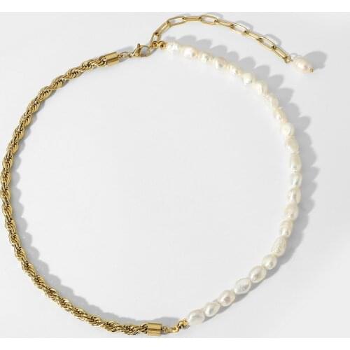 Freshwater Pearl Twisted Chain Splicing Stainless Steel Necklace For Women Elegant 14K Gold Plated OT Buckle Choker Jewelry