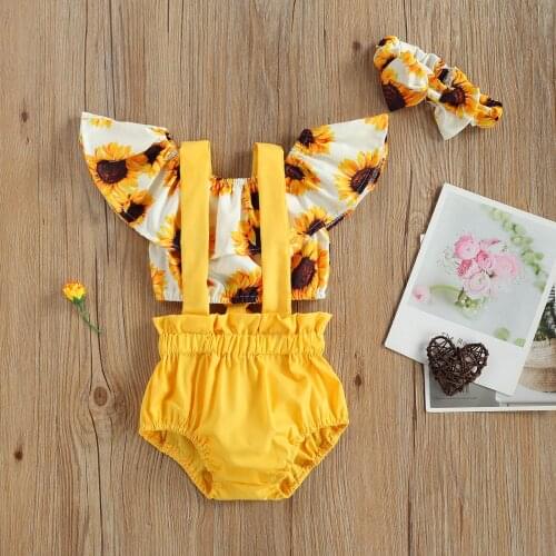 Baby Girl’s Casual Three Piece Suit Fresh Sunflower Ruffles T-shirt and Suspender Shorts With Headband 2021 New Fahion