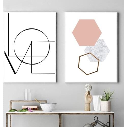 Simple Nordic Style Poster Geometric Hexagon Canvas Painting Golden Modern Black and White Text Wall Picture Living Room Decor