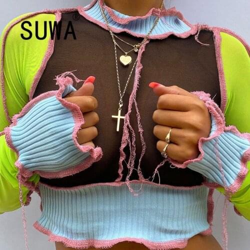 See Through Mesh Patchwork Knitted Long Sleeve Pullover Sweat Retro Top Slim-Fit T-Shirt Tunic Women Sexy Party And Club Wear