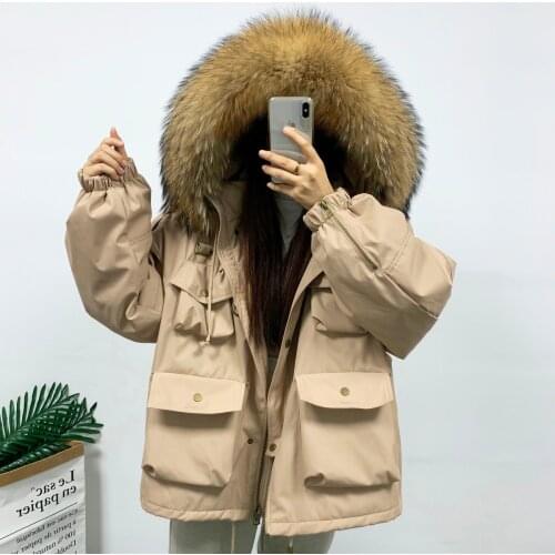 2020 winter Large Real Raccoon Fur Down Jacket Women White Duck down coat Thick Warm Short Loose Hooded Down Parka Snow Outwear