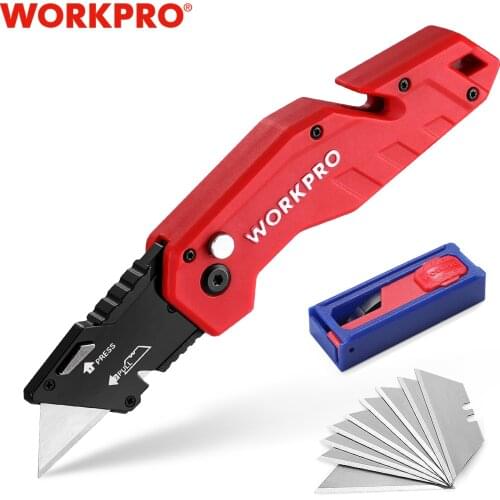 WORKPRO 2PC Folding Utility Knife set Wire Stripper Built in Handle Pocket knife Quick Change with Mini Folding Box Cutter