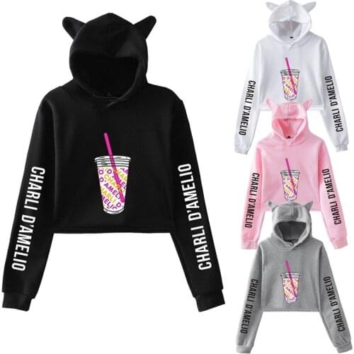 Charli Damelio Hoodies For Girls Funny Cat Ears Crop Top Women Short Sweatshirt Casual Tracksuit Ice Coffee Splatter Pullover