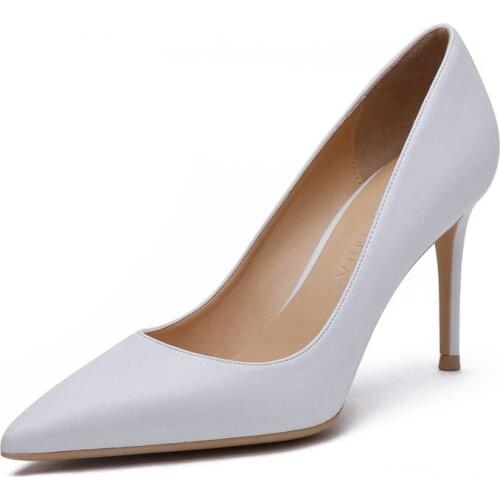 Thick Heel Pumps 2020 New Fashion Womens Sheepskin Leather 8CM High Heel Retro Shallow Mouth Work Shoes White Black N0004