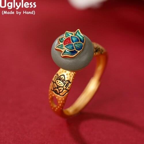 Uglyless China Chic Exotic Enamel Lotus Flowers Rings for Women Peace Buttons Natural Jade Rings 925 Silver Ethnic Jewelry Gold