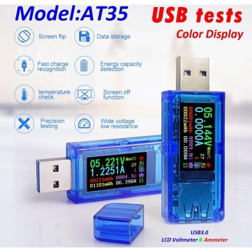 AT35 5 Digits USB 3.0 LCD Voltmeter Ammeter Voltage Current Meter Multimeter Battery Charge Power Bank USB Color Display Tester