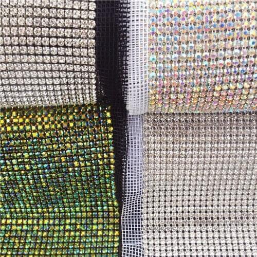 1Yards Bling Bling Ab Color Diamond Mesh 24 Rows Crystal Rhinestone Trimming Chain White/Black Sewing Lace Diy Purse Bags Dress