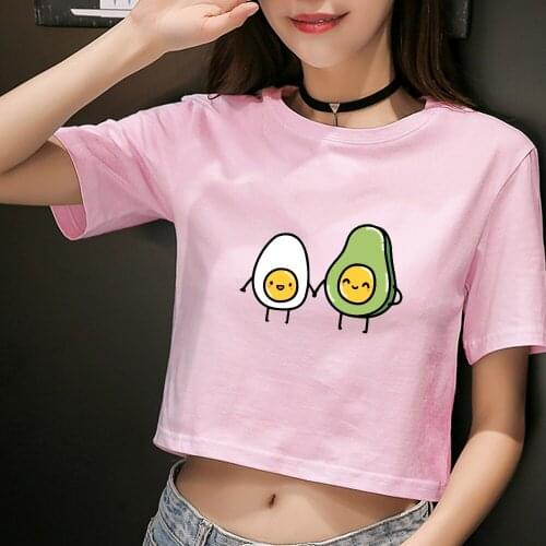 Egg Avocado Croped T Shirt New Women Kawaii T-shirt 90s Korean Style T Shirt Fashion Cute Short Sleeve Top Girl Tees Female