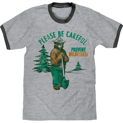 Vintage Please Be Careful Prevent WildFire Graphic Tshirt Funny Kawaii Bear Printed Short Sleeve Tops Summer Plus Size Tee Women