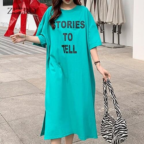 Pure Cotton Clothing Casual Letter Print Side Split Loose Long Tees Dresses for Women Summer Midi Dress Female Vestido Mujer 3XL