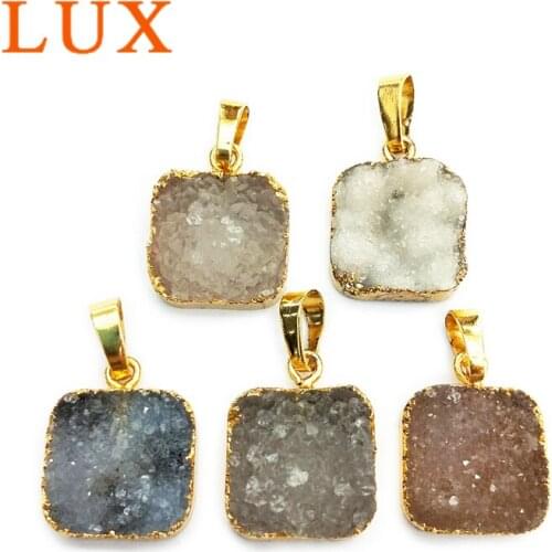 15mm Square Druzy Pendants With Electroplated Gold Edges Drusy Geode Charms Dainty jewelry Supplies