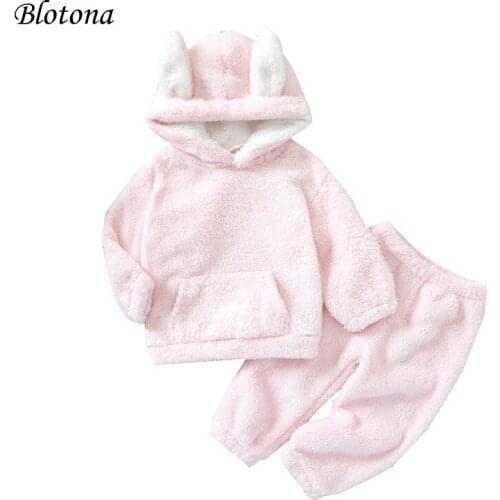 Blotona Infant Girls 2Pcs Soft Plush Clothes Set, Solid Color Long Sleeve Hooded Pullover and Elastic Waist Trousers, 0-3Years