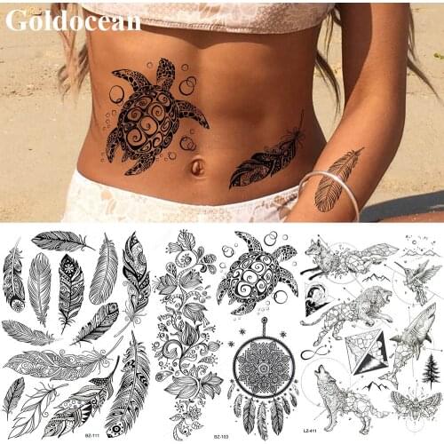 GoldOcean Black Lace Dream Catcher Turtle Tattoo Stickers Fake India Feather Tatoos Temporary Waterproof Waist Animals Tattoo