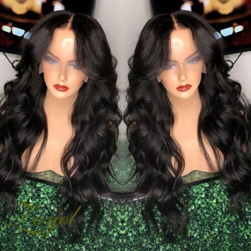 Long Synthetic Lace Front Wigs Natural Black Color Soft Wavy Hair Middle Part Heat Resist Fiber Lace Wig For Black Women Daily