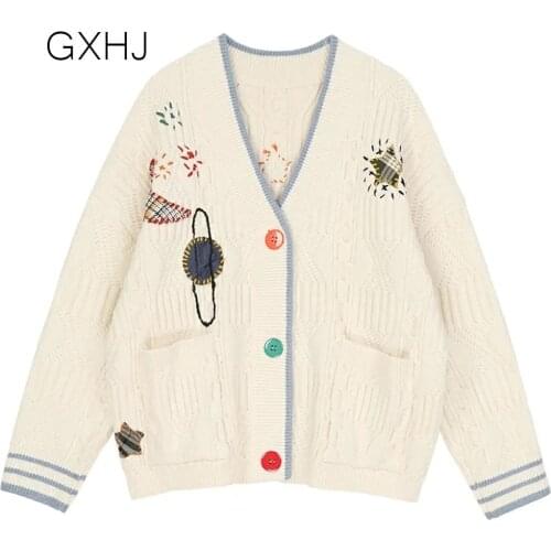 Women Cardigan Sweater Autumn Winter Knitted Female Cardigan Loose Streetwear Knit Sweater Coat Cute Cartoon Print V Neck knitte