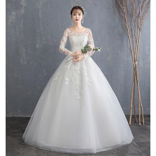 2021 Lace Embroidery Long Sleeves Wedding Dresses Floor Length Wedding Gown O Neck Elegant Custom Plus Sizes Vestido De Noiva